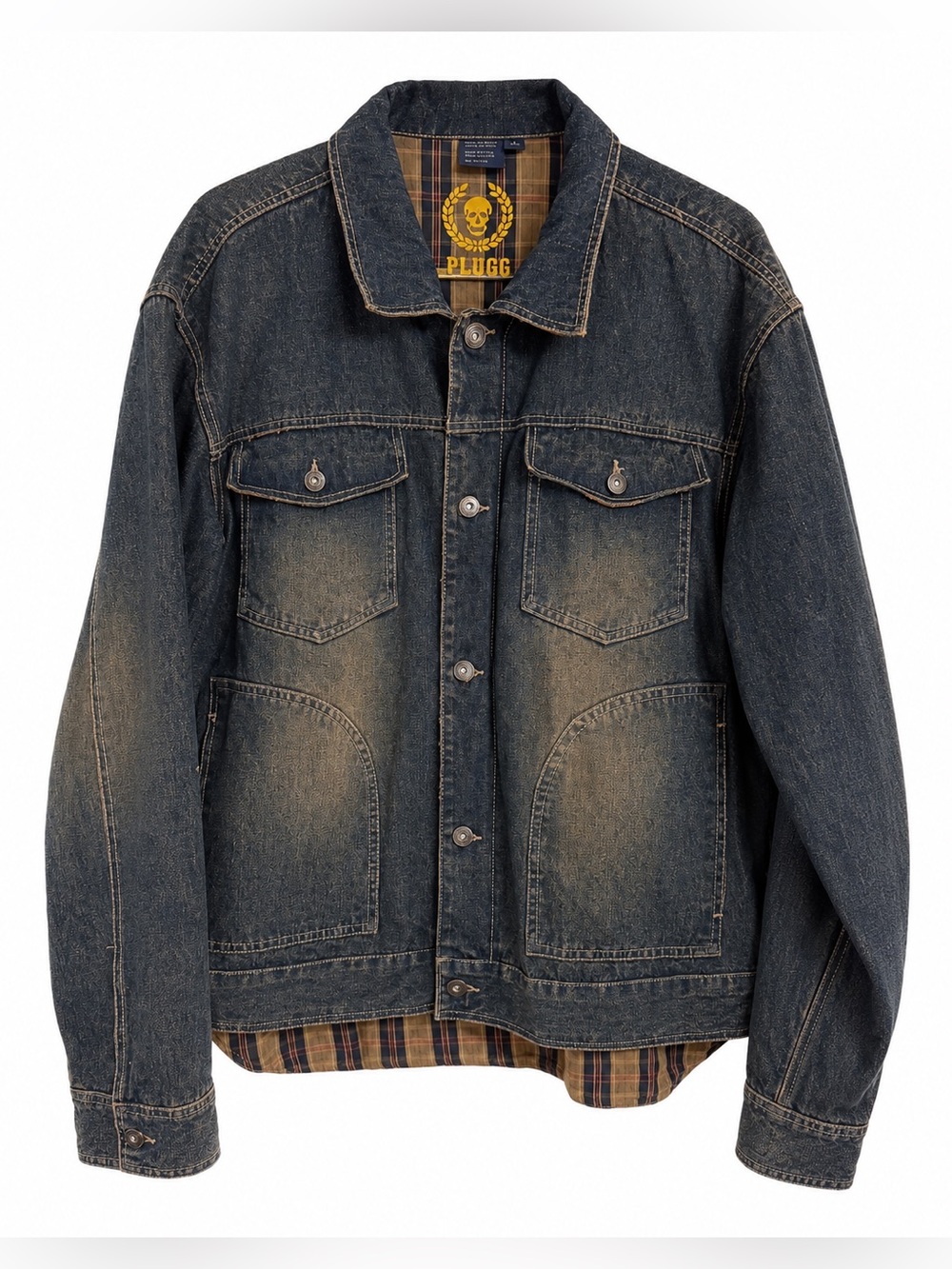 Vintage Y2K Plugg Jeans Co Denim Jacket Plaid Lined Drop Tail Made in Russia XL